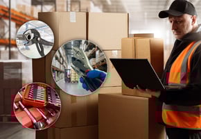 A warehouse worker in an orange hi-vis vest examines close-up images of hand tools and drill bits for quality materials and design