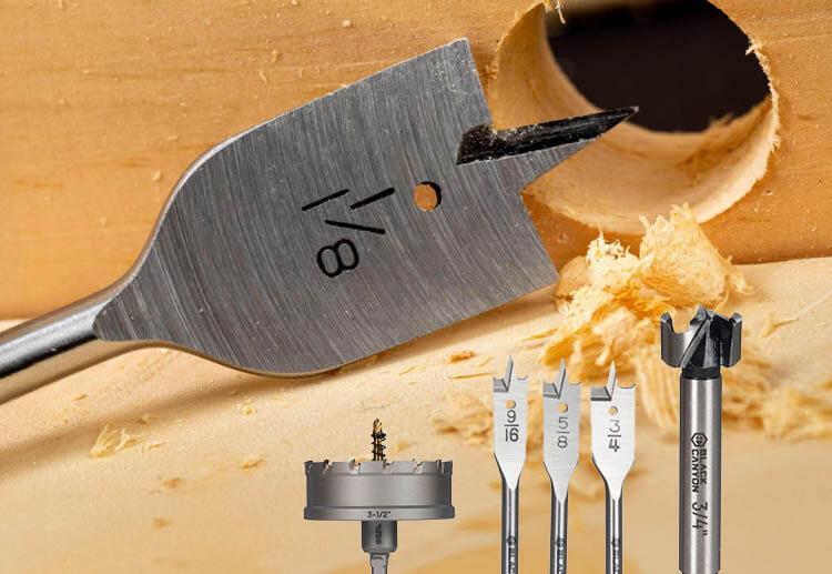 A close-up look at a woodworking spade bit, plus our hole saws and Forstner bits