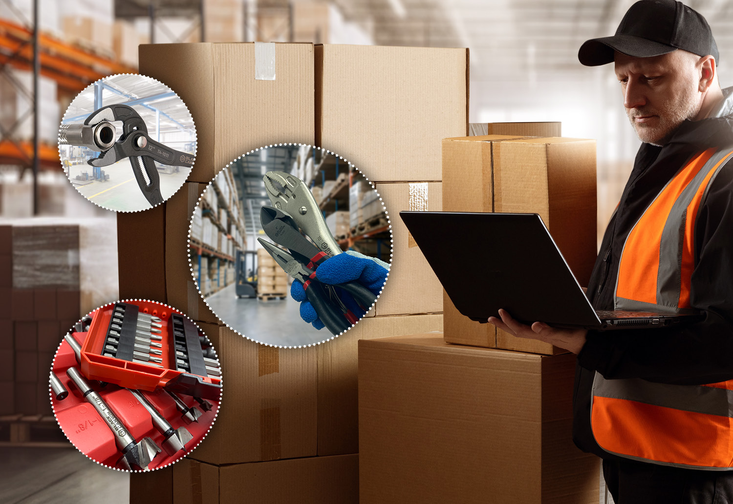 A warehouse worker in an orange hi-vis vest examines close-up images of hand tools and drill bits for quality materials and design